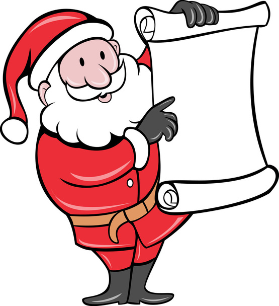 Father Christmas Santa Claus standing with paper scroll list - Vector, Image