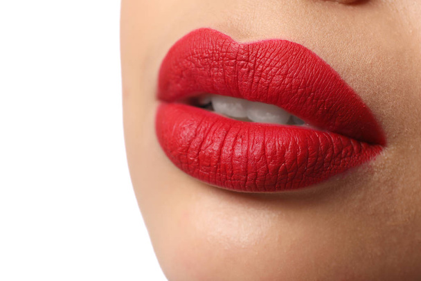 Woman with red lipstick on white background, closeup - Zdjęcie, obraz