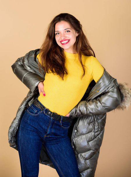 Playful fashionista. Black friday. Confidence and femininity. Enjoying her outfit. Be stylish this winter. Emotional woman in jacket. Winter outfit. Pretty girl wear fashion outfit for cold weather - Foto, afbeelding