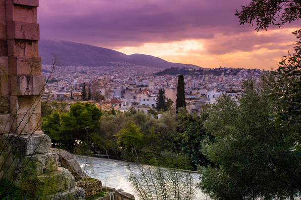Athens cityscape  from Acropolis hill slope, sunset / sunrise ti - Photo, Image