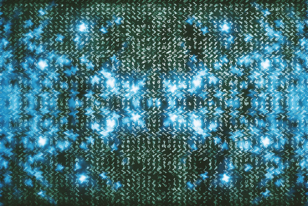 Blue matrix digital background. Abstract cyberspace concept. Characters fall down. Matrix from symbols stream. Virtual reality design. Complex algorithm data hacking. Cyan digital sparks. - Photo, Image