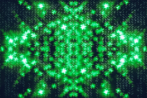Green blue matrix digital background. Abstract cyberspace concept. Characters fall down. Matrix from symbols stream. Virtual reality design. Complex algorithm data hacking. Green digital sparks. - Photo, Image
