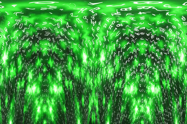 Green matrix digital background. Distorted cyberspace concept. Characters fall down. Matrix from symbols stream. Virtual reality design. Complex algorithm data hacking. Green digital sparks. - Photo, Image