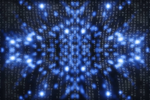 Blue matrix digital background. Abstract cyberspace concept. Characters fall down. Matrix from symbols stream. Virtual reality design. Complex algorithm data hacking. Cyan digital sparks. - Photo, Image