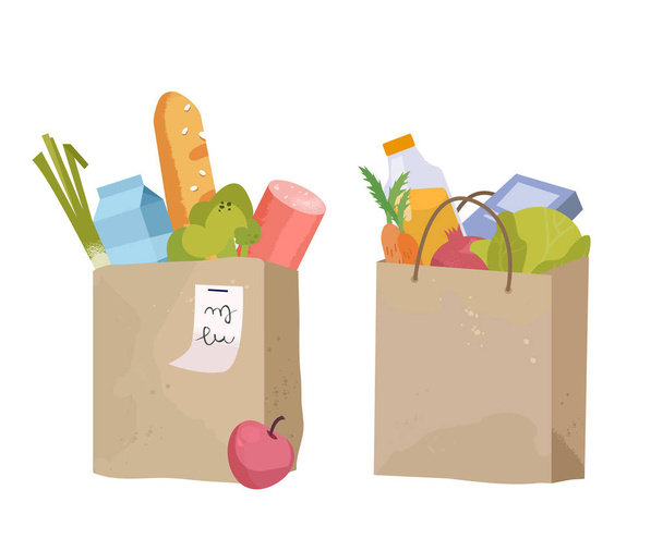 Paper bag, package with food and drink products. Vegetables, bread, dairy products. Vector flat design illustration - Вектор, зображення