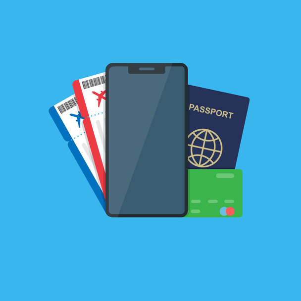 billets d'avion, passeport et carte de crédit avec téléphone portable
. - Vecteur, image