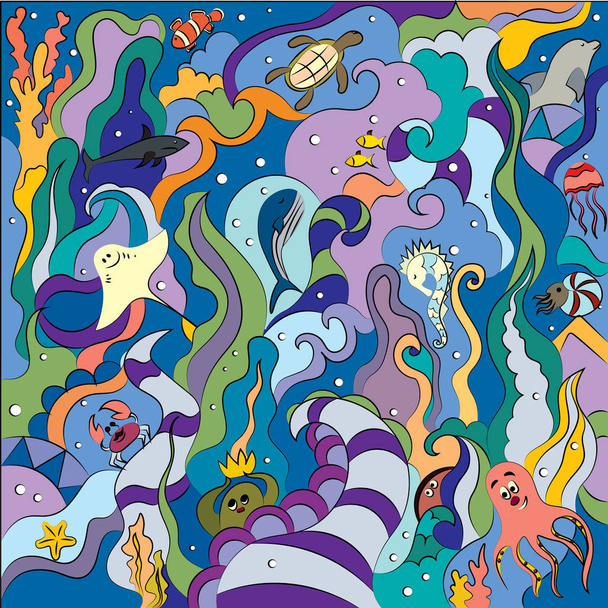 Abstract drawing in the style of doodling on the theme of sea inhabitants. Abstract hand drawing puzzle. - Vector, Image