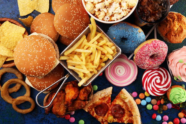 Unhealthy products. food bad for figure, skin, heart and teeth. - Foto, Bild
