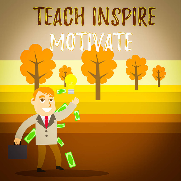 Conceptual hand writing showing Teach Inspire Motivate. Concept meaning Spark the Imagination to Feel the need to Learn Successful Businessman Generating Idea or Finding Solution - Photo, Image