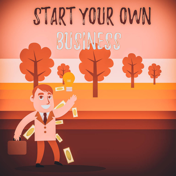 Conceptual hand writing showing Start Your Own Business. Concept meaning Entrepreneurial Venture a Startup Enter into Trade Successful Businessman Generating Idea or Finding Solution - Photo, Image