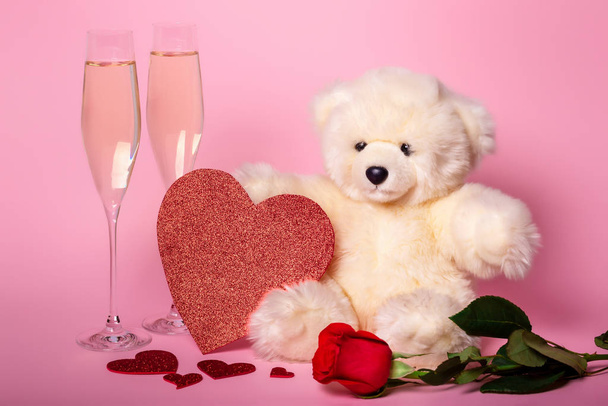 Valentine's day card with teddy and red hearts. - Photo, Image