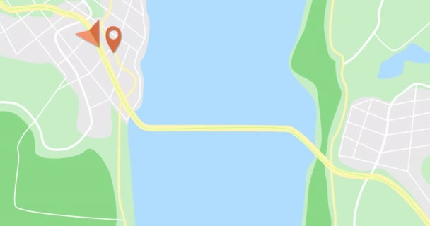 市内地図上のGpsナビゲーターを川で移動します。地図上でナビゲーターマーカーとチェックポイントのアイコンを移動します。4k又はHdアニメーション - 映像、動画