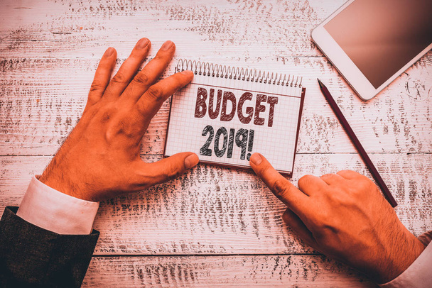 Text sign showing Budget 2019. Business photo text estimate of income and expenditure for current year Hand hold note paper near writing equipment and modern smartphone device - Photo, Image