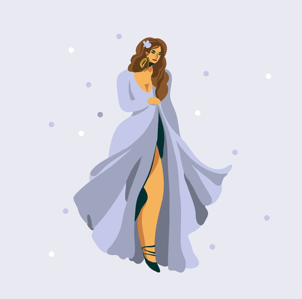 Ručně kreslený vektor abstraktní grafické ilustrace s krásnou svatební nevěsta dívka postava v fialových šatech izolatedon bílé pozadí - Vektor, obrázek