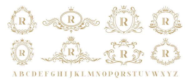 Luxury monogram. Vintage ornamental decorative monograms, retro luxury golden wreath emblem and baroque heraldic wedding frame isolated vector icons set - Vector, Image