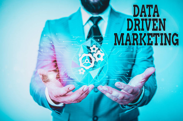 Writing note showing Data Driven Marketing. Business concept for Strategy built on Insights Analysis from interactions Male human wear formal suit presenting using smart device - Photo, Image