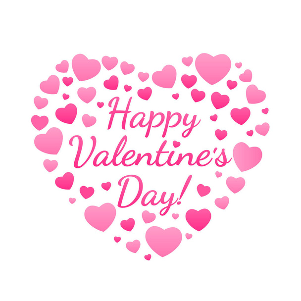 Congratulação do Dia dos Namorados feliz em um grande coração feito de muitos corações cor-de-rosa. Ideal para design de apartamentos de férias
. - Vetor, Imagem