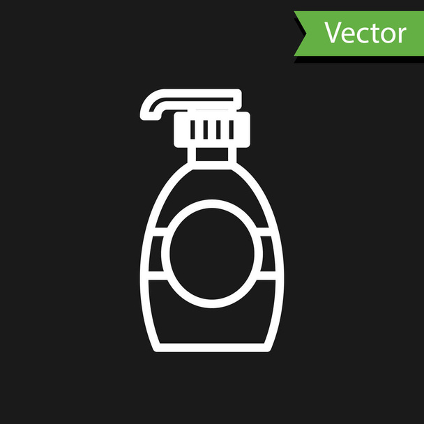 Bílá čára Lahvička tekutého antibakteriálního mýdla s ikonou dávkovače izolovanou na černém pozadí. Dezinfekce, hygiena, péče o pleť. Vektorová ilustrace - Vektor, obrázek