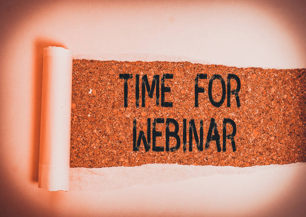Conceptual hand writing showing Time For Webinar. Concept meaning seminar conducted over the Internet Web conferencing Cardboard which is torn placed above a wooden classic table - Photo, Image