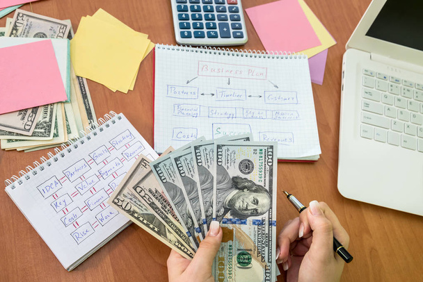 Üzletasszony számolja a dollár bankjegyeket az üzleti terv megvalósításához - Fotó, kép