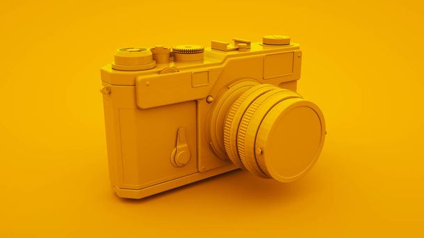 黄色のヴィンテージカメラ。最小限のアイデアコンセプト、 3Dイラスト - 写真・画像