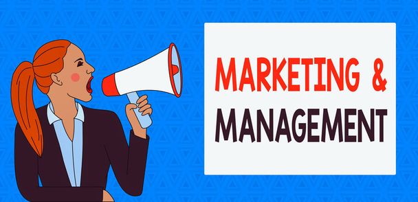Text sign showing Marketing And Management. Business photo showcasing process of developing strategies for product Young Woman Jacket Ponytail Shouting into Loudhailer Rectangular Text Box - Photo, Image