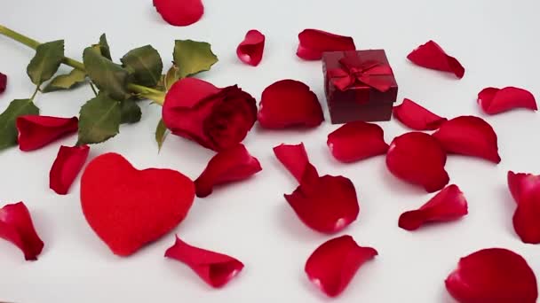 Czerwona róża i płatki róż na jasnym tle... Walentynki, love concept.red serce w pudełku - Materiał filmowy, wideo