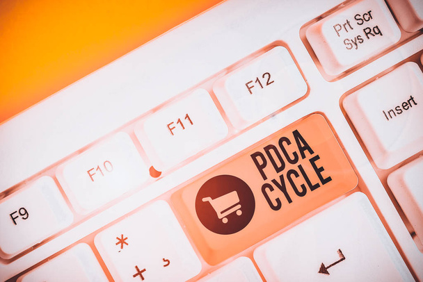 Εννοιολογική γραφή χεριών που δείχνει τον Κύκλο Pdca. Έννοια που σημαίνει χρήση για τον έλεγχο και τη συνέχιση της βελτίωσης των διαδικασιών και των προϊόντων Λευκό πληκτρολόγιο PC με χαρτί σημείωμα πάνω από το λευκό φόντο - Φωτογραφία, εικόνα