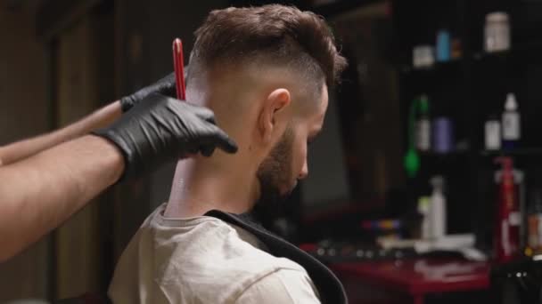 Handsome guy getting new hairstyle at modern salon - Materiaali, video