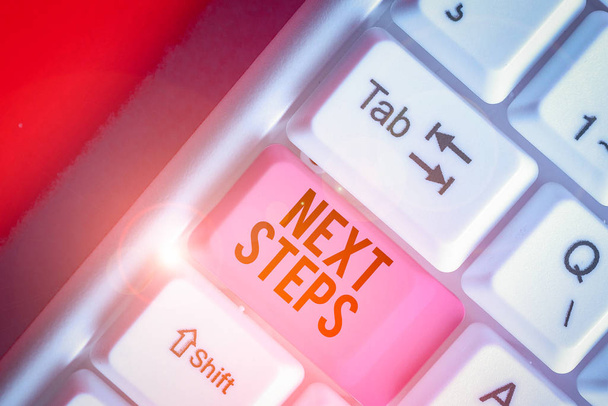 Slovo psaní textu Next Steps. Obchodní fotografie zobrazující počet procesů, které budou provedeny po současném plánování - Fotografie, Obrázek