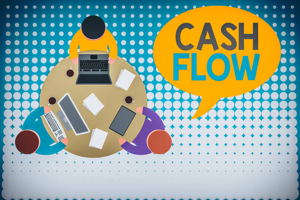 Psaný text Cash Flow. Konceptuální foto Pohyb peněz dovnitř a ven ovlivňující likviditu Pracovní kulatý stůl muži zaměstnanci elektronické přístroje dokumenty káva pohár - Fotografie, Obrázek