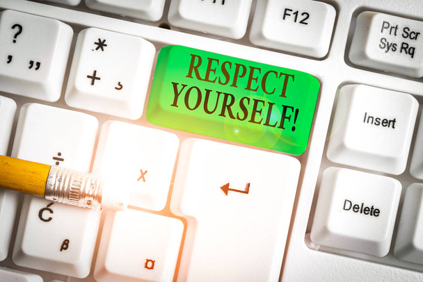 Conceptual hand writing showing Respect Yourself. Concept meaning believing that you good and worthy being treated well White pc keyboard with note paper above the white background - Photo, Image
