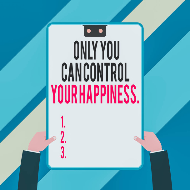 Word writing text Only You Can Control Your Happiness. Business photo showcasing Personal Selfmotivation inspiration Two executive male hands holding electronic device geometrical background - Foto, Bild