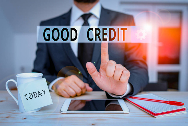 Sinal de texto mostrando bom crédito. Empréstimo de texto de foto de negócios tem uma pontuação de crédito relativamente alta e risco de crédito seguro.
 - Foto, Imagem