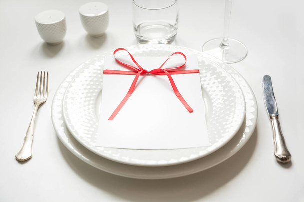 Elegance table setting with red decor. Close up. - Photo, image