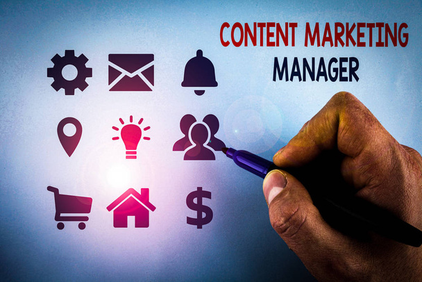 Writing note showing Content Marketing Manager. Business concept for who is responsible for writing posts and slogan Male designing layout presentation concept for business promotion - Photo, Image