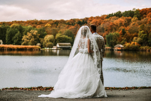 νύφη και γαμπρός στη λίμνη - Φωτογραφία, εικόνα