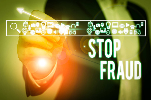 Tekstimerkki, jossa näkyy Stop Fraud. Business valokuva esittelee kampanjan neuvoja osoittaa varoa thier rahaa liiketoimet
 - Valokuva, kuva