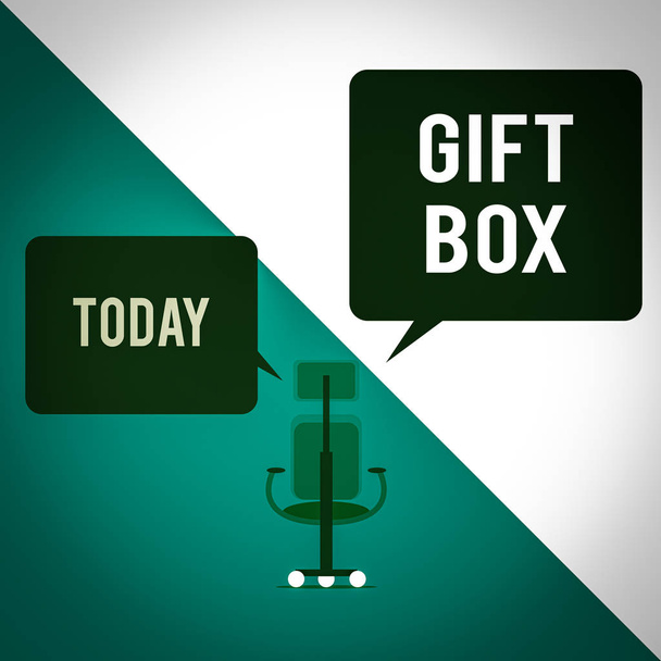 Text sign showing Gift Box. Business photo text A small cointainer with designs capable of handling presents Executive chair sharing two blank square speech bubbles right left side - Photo, Image