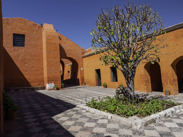 Pátio interno de quartos com paredes vermelhas e uma árvore central. Mosteiro de Santa Catarina (Convento de Santa Catalina), Arequipa, Peru - Foto, Imagem