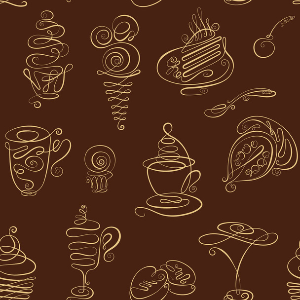 Seamless monochrome pattern with Hand drawn line art doodles with coffee, tea, latte, cappuccino, cakes, dessert, chocolate, sweets, cake, ice cream for your design - Vektori, kuva