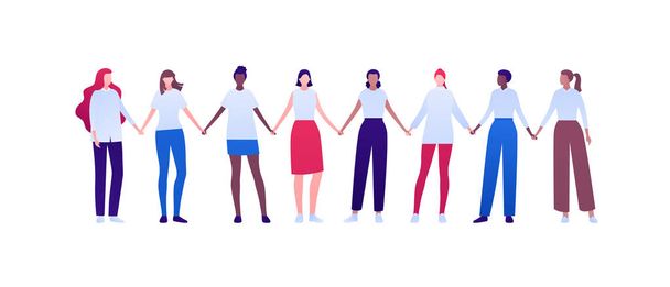 Women empowerment feminist concept. Vector flat person modern illustration. Group of various ethnic woman holding hands isolated on white background. Design element for diversity banner, card, poster. - Vector, Image