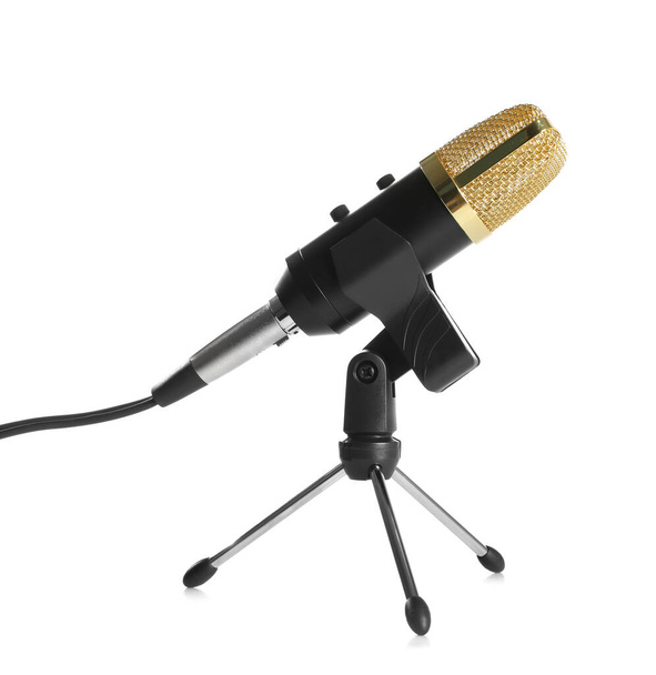 Modern microphone isolated on white. Journalist's equipment - Φωτογραφία, εικόνα