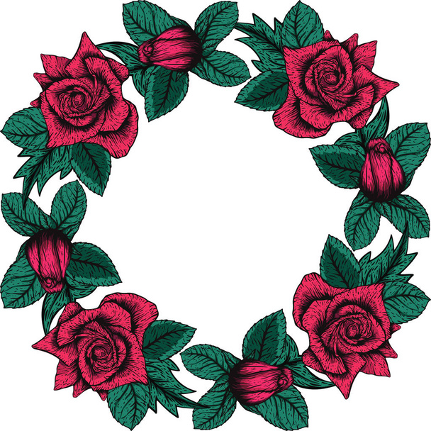 Handdrawn etching roses ribbons and flowers for greeting card design. Vector flowers wreath frame - Vector, Image