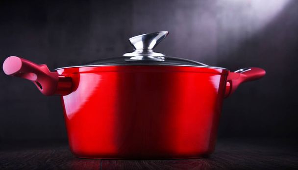 Composition with red steel pot - Photo, Image
