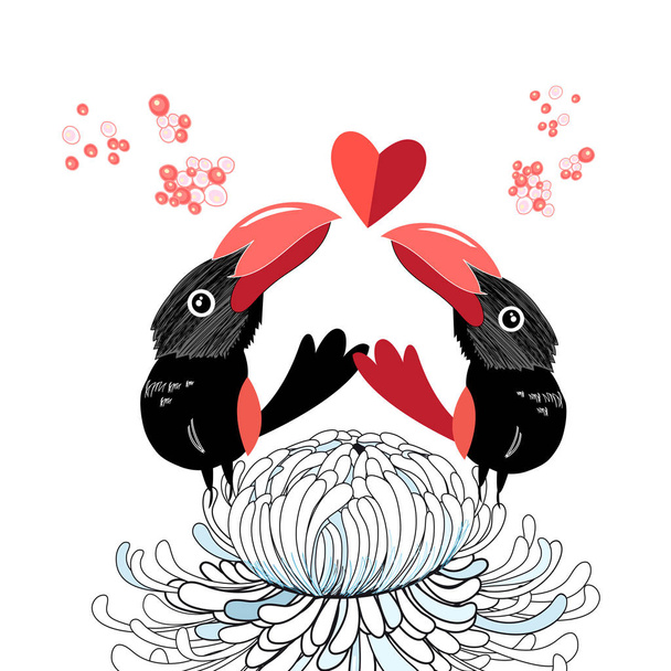 Bright funny love birds with a heart - Vector, imagen