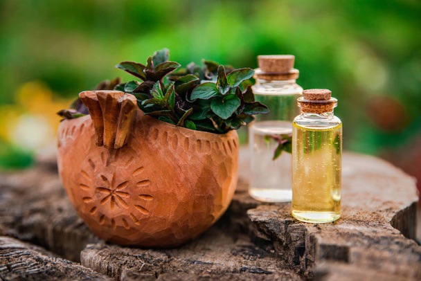Mint oil and fragrant essence in small bottles with peppermint l - 写真・画像