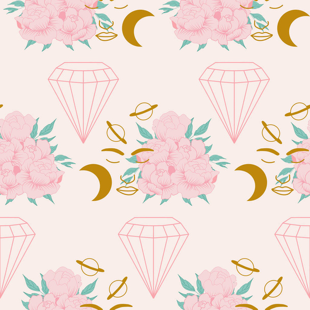 composición peonía rosa con cara de mujer, luna y diamantes en un diseño de patrón sin costuras
 - Vector, Imagen