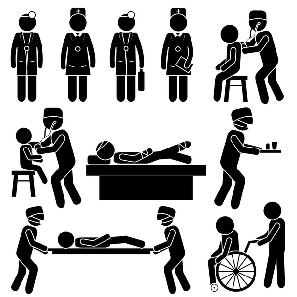 Orvosi kezelési helyzetek. Beteg & Doktor Kapcsolatok. Sebész, pediátriai, nővér. Stick ábra piktogram ikon - Vektor, kép