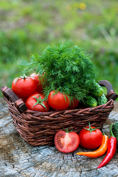 Kosz i drewniany talerz ze świeżymi warzywami (pomidory, cucumbe - Zdjęcie, obraz